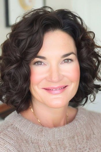 Layered Curly Bob Hairstyle en una mujer sonriente de unos 50 años con el pelo castaño.