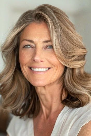Ondas sueltas hasta los hombros en una mujer sonriente de unos 60 años.