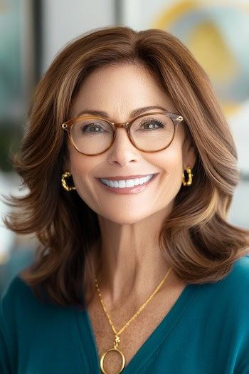 Peinado de media melena con puntas abiertas en una mujer sonriente de unos 50 años con pelo castaño y gafas.