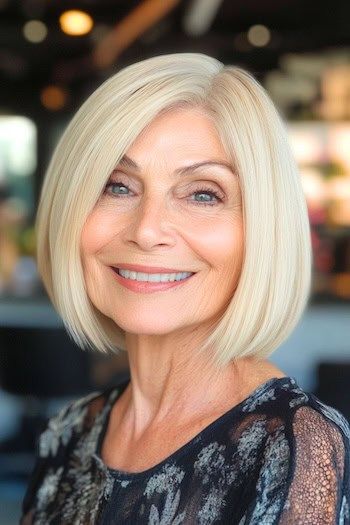 Peinado Bob rubio en una mujer sonriente de unos 70 años con el pelo rubio.
