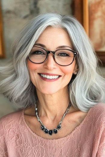 Peinado a capas hasta los hombros para cabello grueso en una mujer sonriente de unos 50 años con pelo gris y gafas.