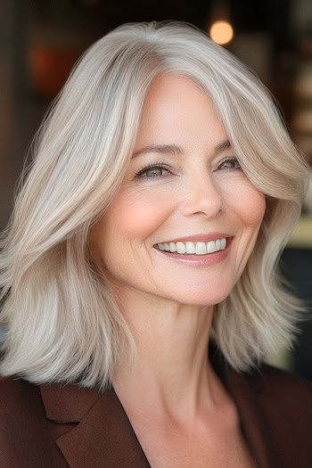 Peinado a capas hasta los hombros con raya al lado en una mujer sonriente de unos 60 años con el pelo rubio grisáceo.