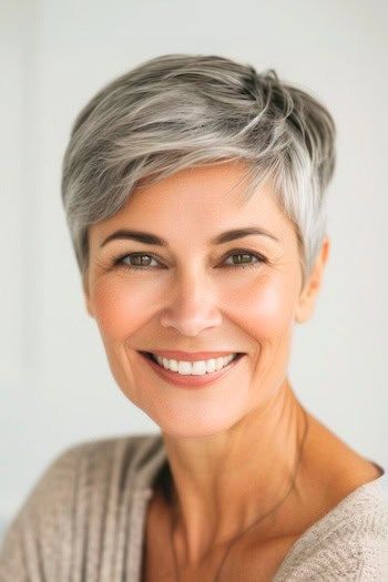 Peinado Pixie peinado de lado en una mujer mayor sonriente con el pelo sal y pimienta.