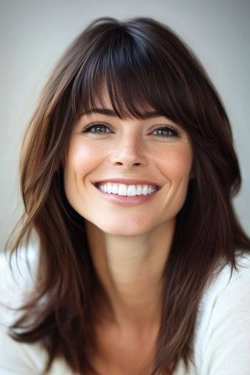 Wispy capas con flequillo peinado en una mujer sonriente con el pelo castaño.