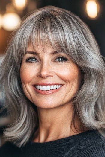 Peinado plateado de media longitud con flequillo en una mujer sonriente con el pelo gris.