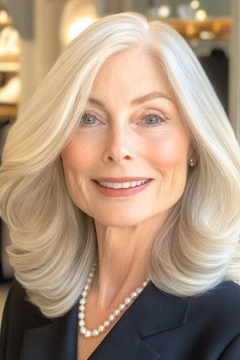 Corte de pelo a media melena con las puntas abiertas en una mujer sonriente de unos 60 años con el pelo rubio blanco.