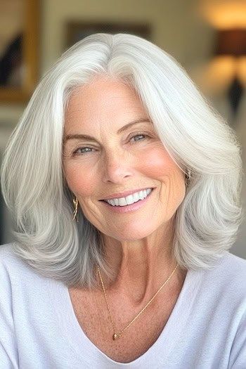 Peinado a capas hasta los hombros con las puntas abiertas en una mujer sonriente de unos 70 años con el pelo gris.