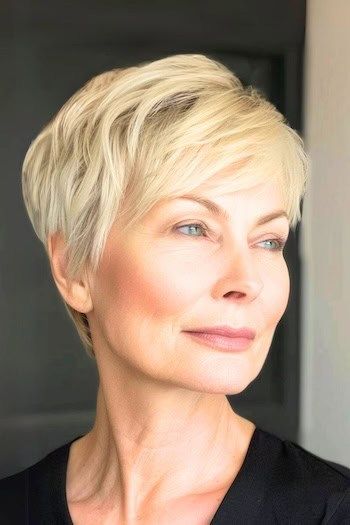 Pixie texturizado con flequillo de lado Peinado en una mujer mayor con el pelo rubio.