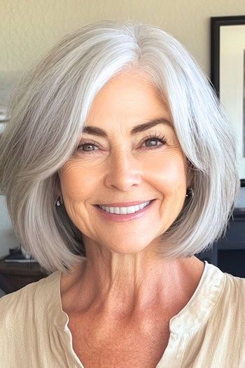 Peinado Bob plateado con capas suaves en una mujer sonriente de unos 70 años con el pelo gris.