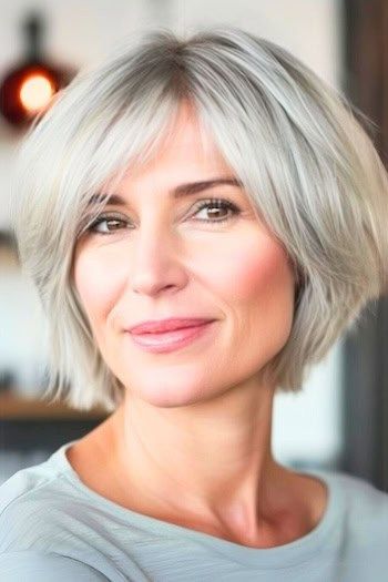Tousled Layered Cropped Cut Peinado en sonriente mujer mayor con el pelo de plata.