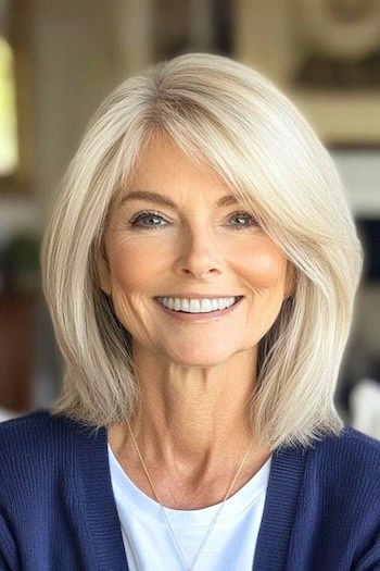 Peinado Bob largo a capas en una mujer sonriente de unos 70 años con el pelo rubio.