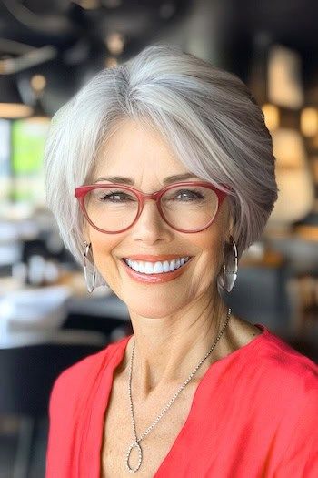 Peinado Pixie Bob plateado en una mujer sonriente de unos 50 años con el pelo gris y gafas.