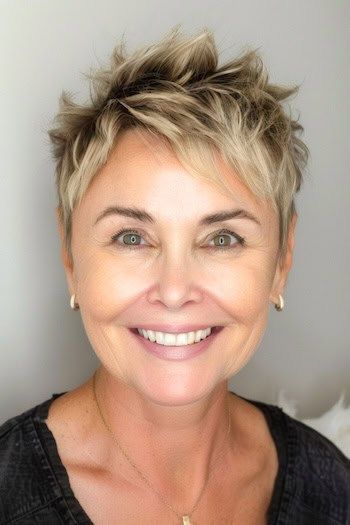Peinado Spiky Pixie en mujer mayor sonriente con pelo castaño y mechas rubias.