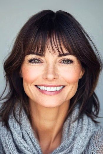 Peinado despeinado con flequillo para cabello fino en una mujer sonriente con cabello castaño fino.