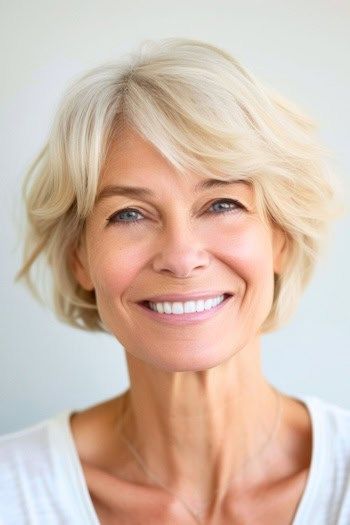 Layered Short Cut With Side Swept Bangs Peinado en sonriente mujer mayor con el pelo rubio.