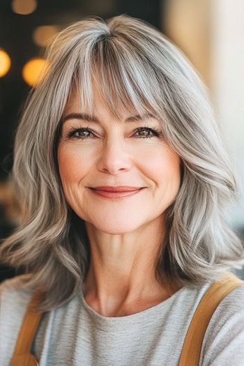 Capas plateadas con flequillo Peinado en una mujer mayor con el pelo gris.