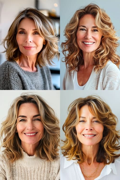 Collage de capas a la altura de los hombros con mechas peinado para mujeres de más de 70 años.