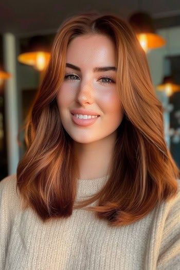 Balayage de cobre sobre cabello castaño.