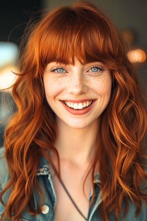 Color de pelo pelirrojo intenso con flequillo y ondas en una bella mujer sonriente.