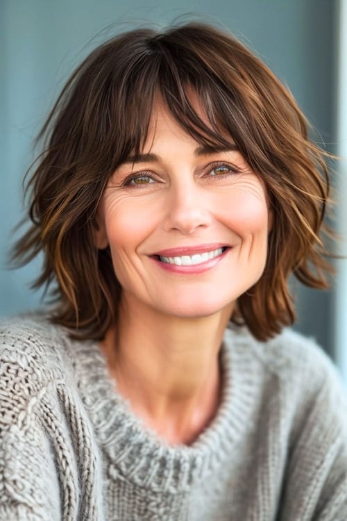 Corte de pelo con flequillo suave en mujer sonriente de más de 50 años.
