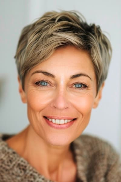 Corte de pelo Pixie con flequillo hacia un lado para mujeres de más de 60 años.