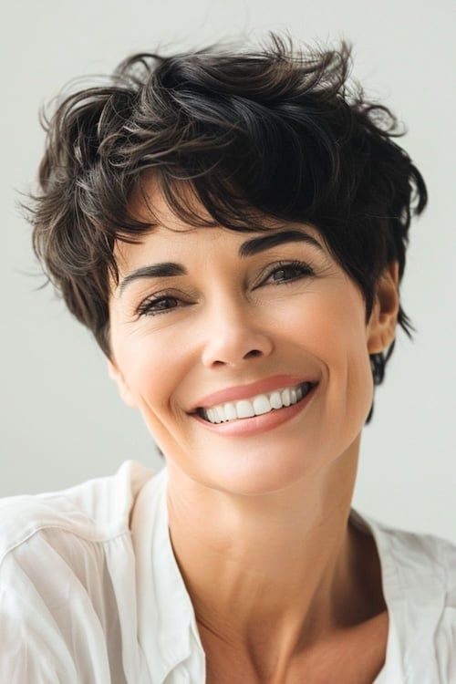 Pixie con flequillo en mujer sonriente de unos 40 años.