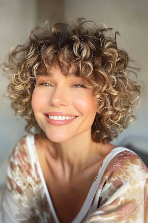 Rizos cortos con flequillo en una bella mujer de unos 50 años.
