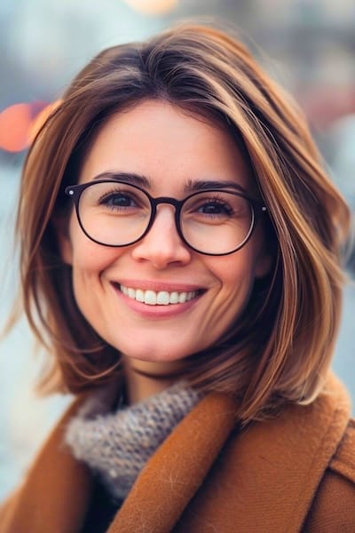 Peinado Bob a la altura de los hombros para mujeres de más de 40 años con gafas.