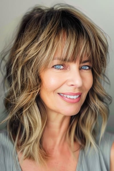 Corte de pelo largo hasta los hombros con capas para mujeres de más de 50 años con pelo grueso.