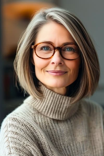 Peinado Bob elegante para mujeres de más de 50 años con gafas.