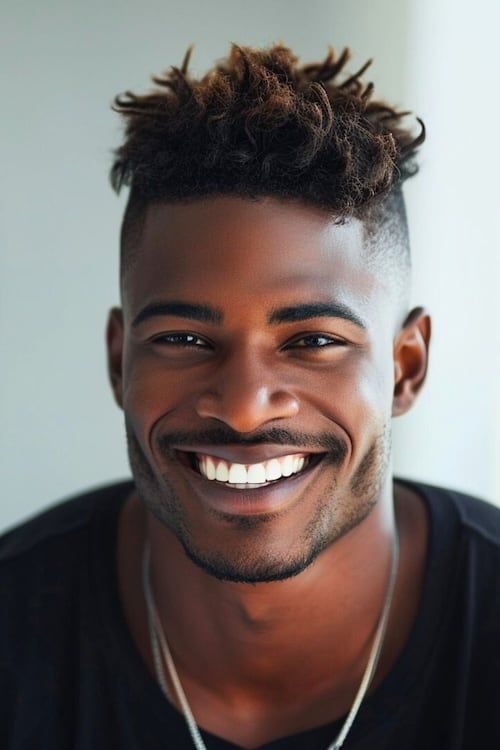 Textured Curly Top con Fade corte de pelo de los hombres en sonriente hombre negro.