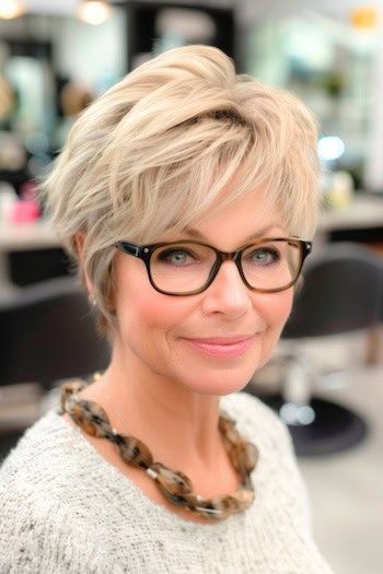 Pixie texturizado peinado corto para mujeres mayores de 50 años con gafas.