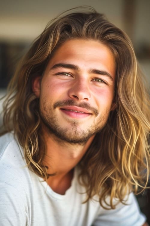 Ondas playeras con mechas en joven sonriente con barba.