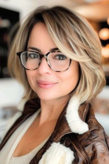 Layered Bob with Side-Swept Bangs Peinado corto para mujeres mayores de 50 años con gafas.
