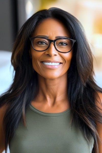 Peinado de capas largas para mujeres de más de 50 años con gafas.