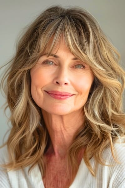 Ondas desordenadas con flequillo Peinado para mujeres mayores de 60 años con el pelo fino.