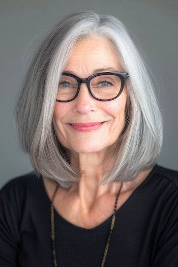 Peinado Silver Lob para mujeres de más de 70 años con gafas.