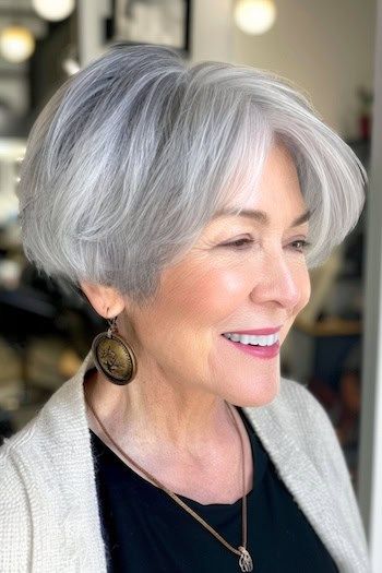 Peinado Pixie Bob plateado para mujeres de más de 50 años con pelo fino.