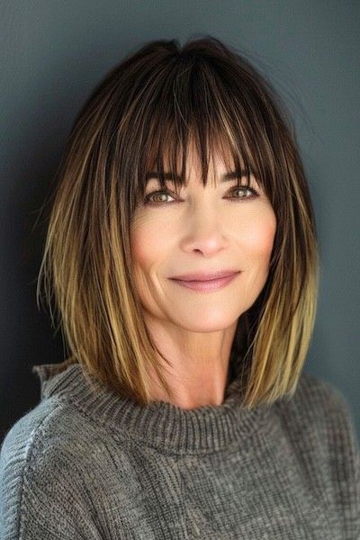 Blunt Bob Peinado de media longitud con flequillo.