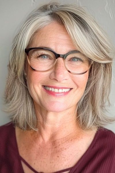 Peinado Bob con flequillo a un lado para mujeres de más de 40 años con gafas.