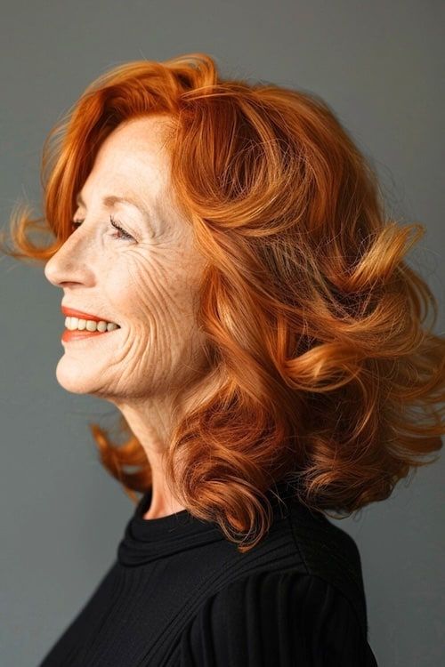 Copper red medium-length curls medium-length hairstyle for women over 60.