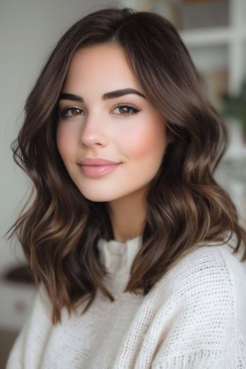 Castaño oscuro con reflejos moca Balayage Idea de color de pelo.