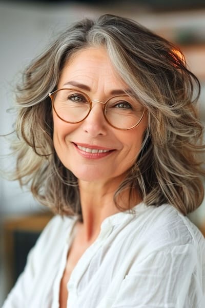 Peinado a capas con plumas para mujeres de más de 50 años con gafas.