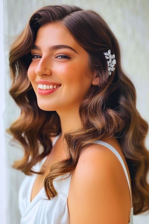 Idea de peinado de graduación con glamurosas ondas hollywoodienses.