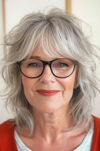 Corte desgreñado con flequillo Peinado para mujeres de más de 70 años con gafas.