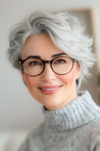 Peinado Pixie Corto Ondulado Plateado Para Mujeres Mayores De 50 Con Gafas.