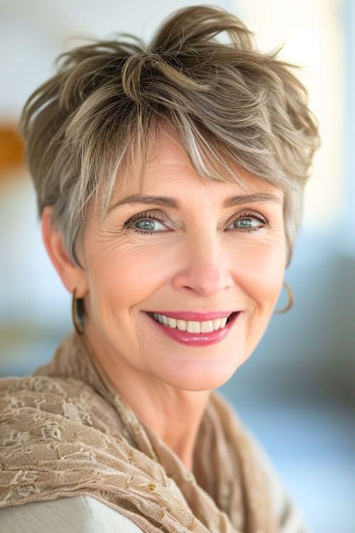 Corte pixie ceniza en mujer sonriente de más de 60 años.