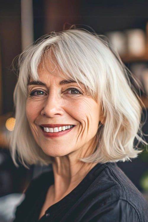 Bob gris con flequillo en una mujer sonriente de más de 60 años.
