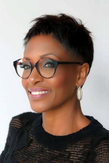 Recortado Pixie con los lados afeitados Peinado corto para mujeres mayores de 50 años con gafas.