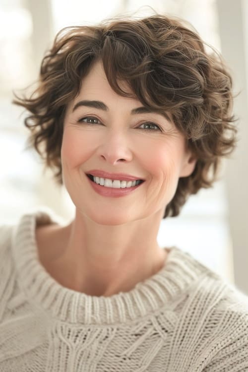 Corte de pelo bob chocolate rizado en mujer de más de 60 años.
